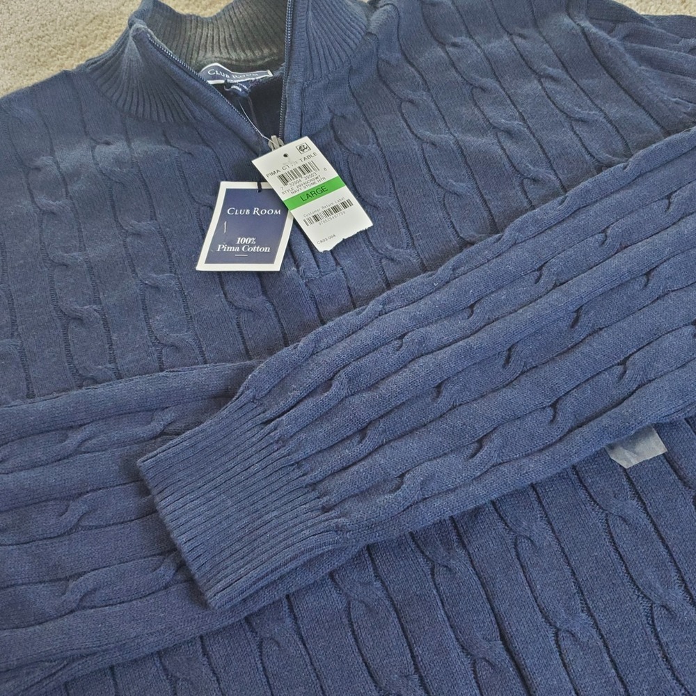 Club Room Men's 1/4 Zip Sweater SZ L Navy CableKnit Long Sleeve Pima Cotton NWTG